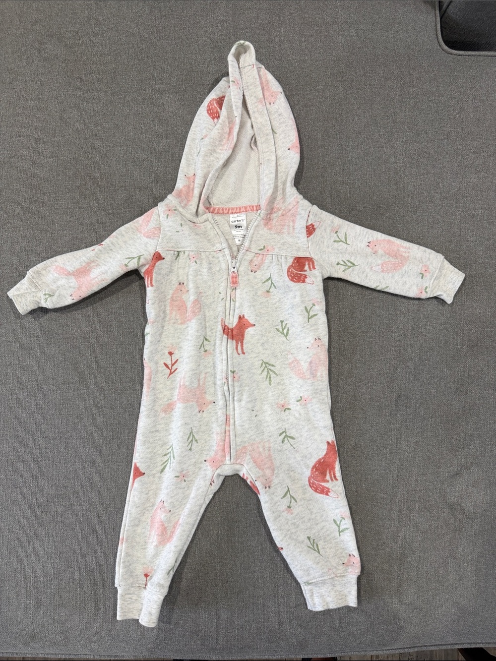 Carter's Heather Gray Hooded One-Piece with Pink Foxes